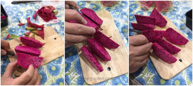 Cutting dragon fruit slices